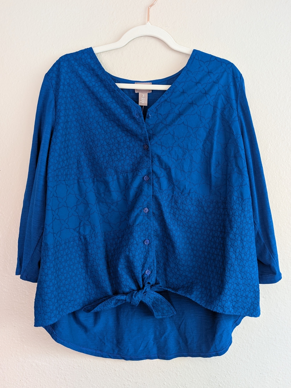 Embroidered Tie-Front Blouse in Blue Chico's 3/Standard XL - NWT; Missing button